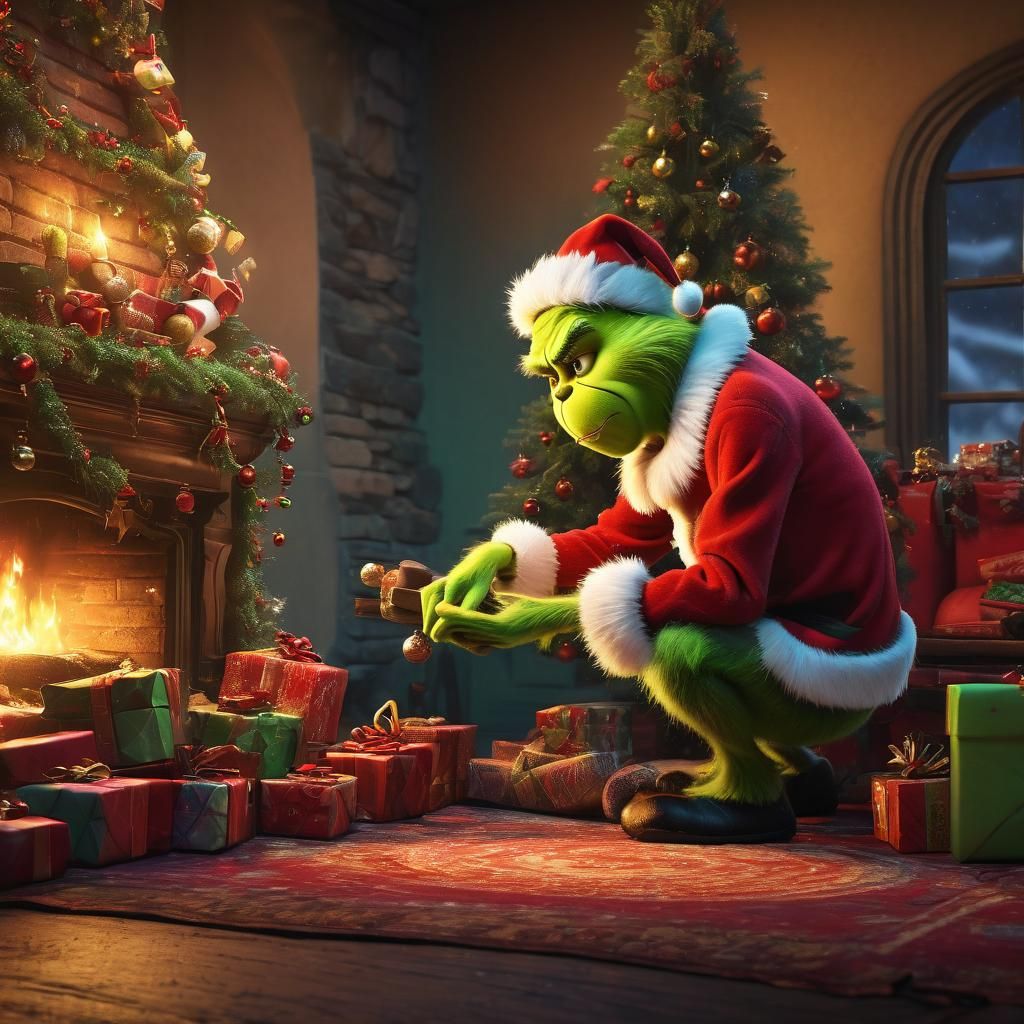 Grinch Steals Christmas Gifts in Vibrant 3D Digital Art
