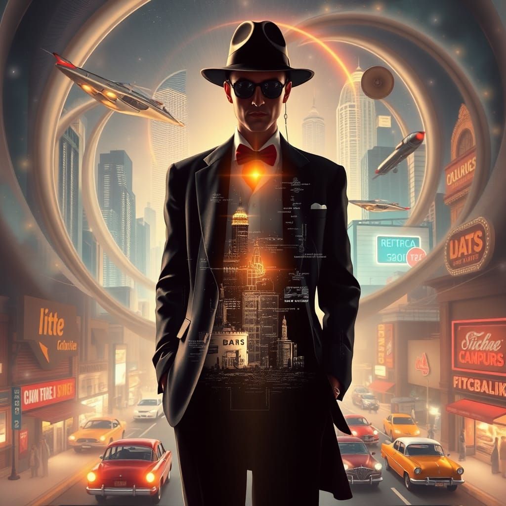 Retro Gentleman in Futuristic Cityscape