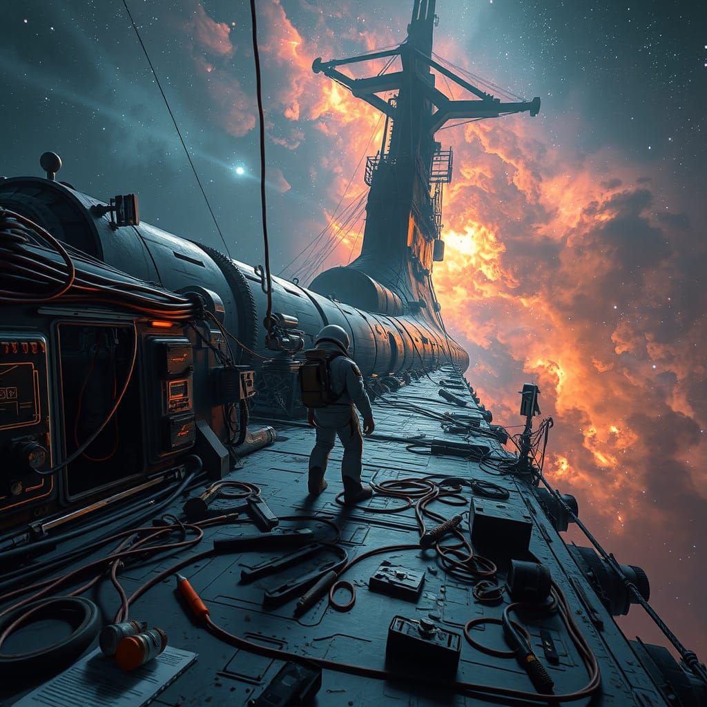Astronaut Repairs Giant Spaceship in Nebula