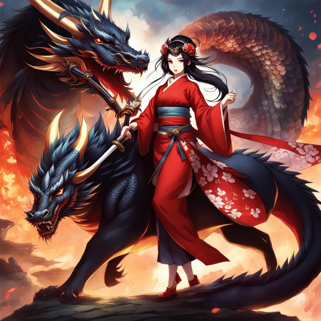 Geisha Warrior Princess and Dragon in Anime Style