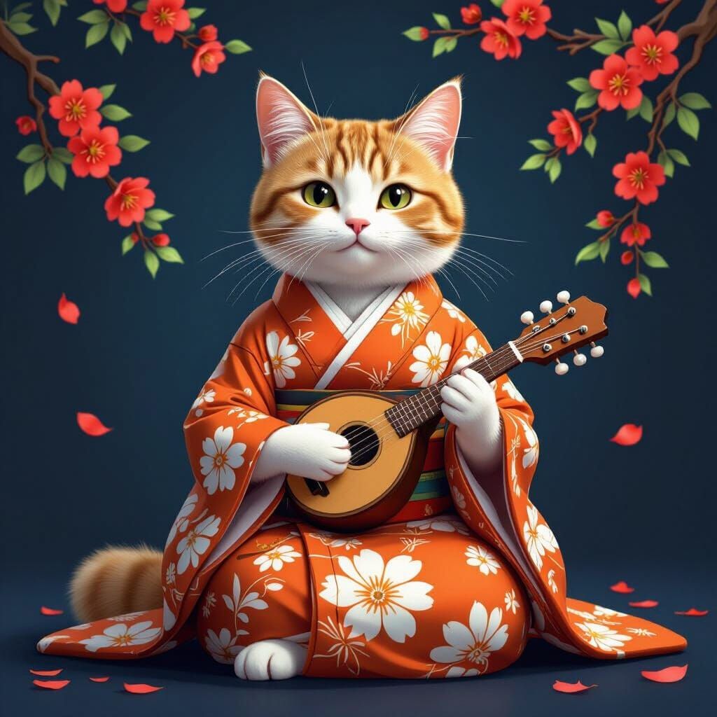 Photorealistic Cat Playing Music in Japanese Kimono