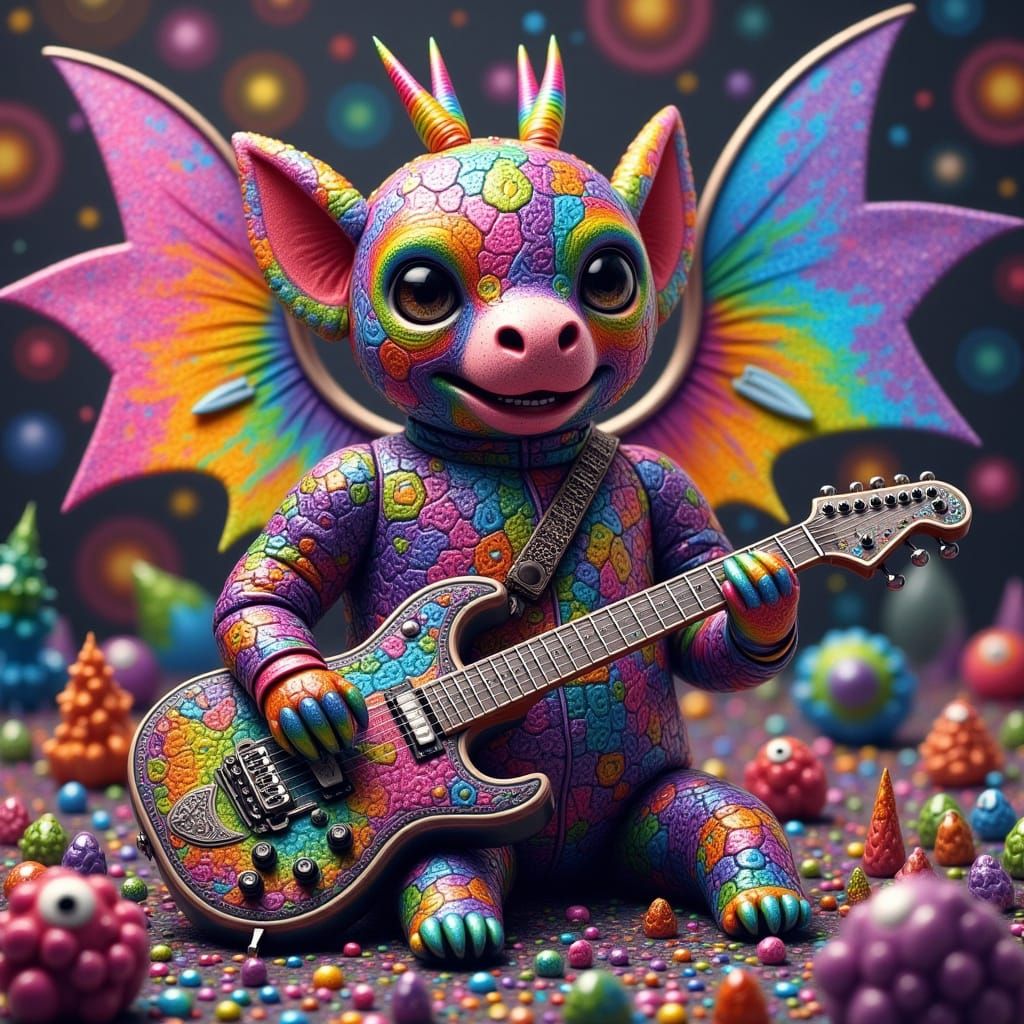 <lora:Draw Like A Kid:1.0> Mad Mosaic Kaiju Monster whimsical rainbow winged mosaic musical monster hybrid creature...