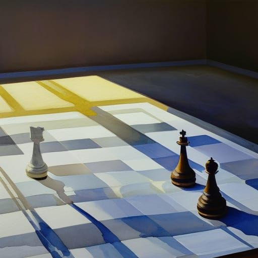 Desolate Chess Piece in White Room: Gouache Style
