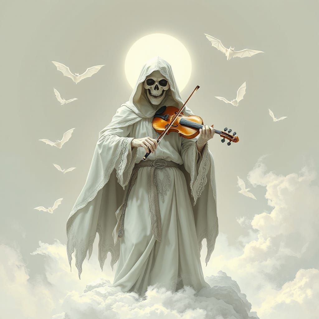 Grim Reaper in Ethereal Landscape, Playing Ivory Violin