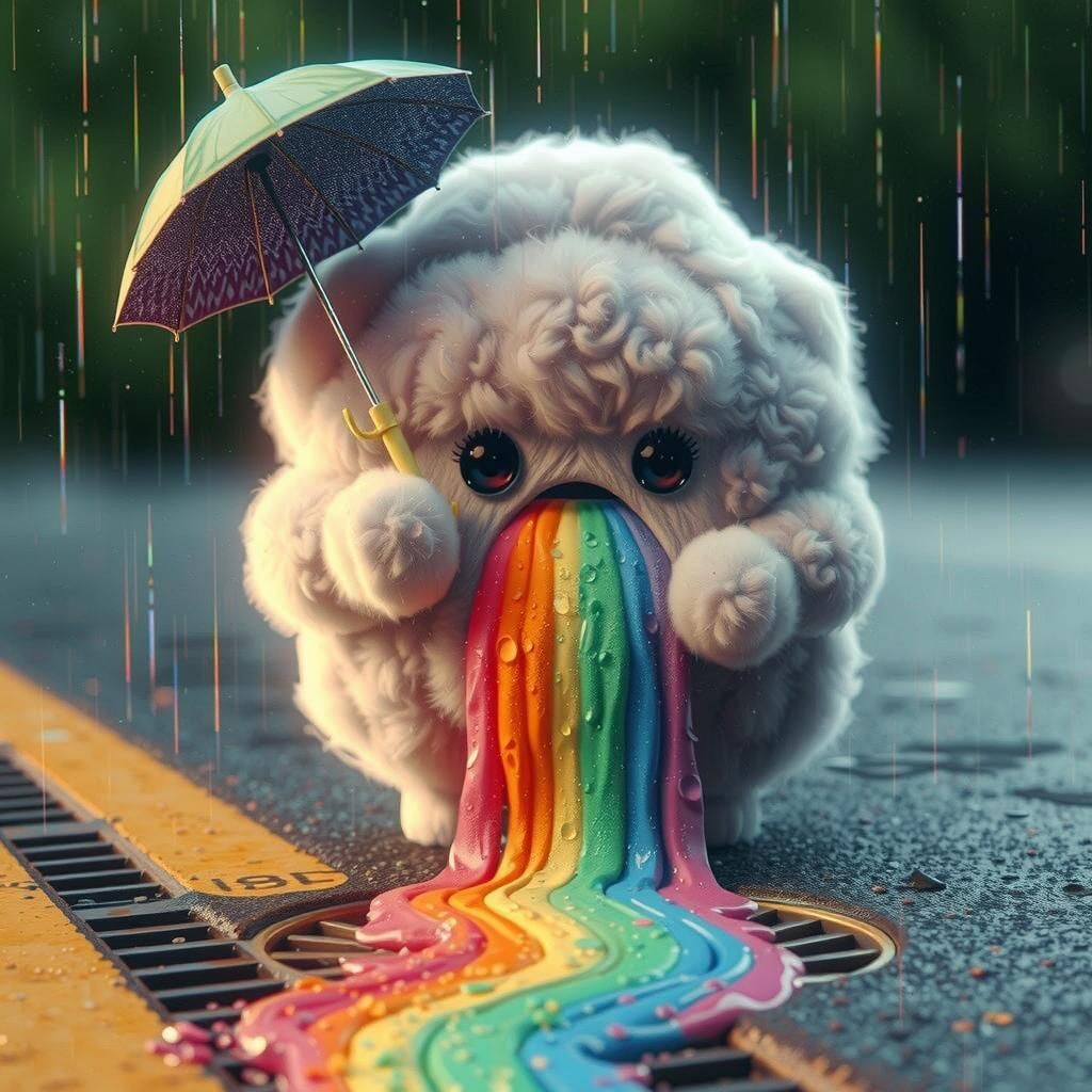 Faded Rainbow Melancholy in Rainy City Street