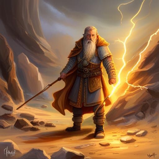 Mystic Old Man Casting Lightning Spell as Tarot Card