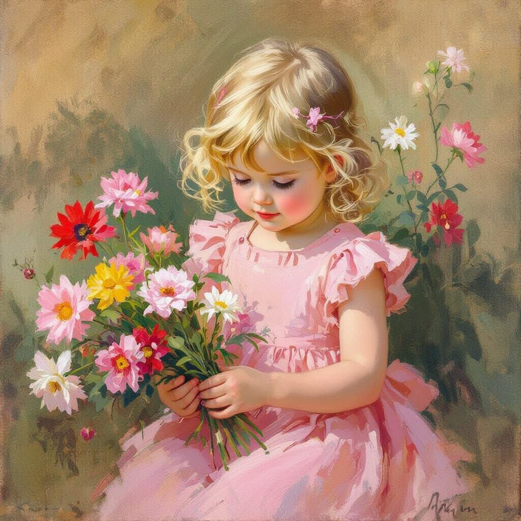 Child in pink dress holding her flowers…