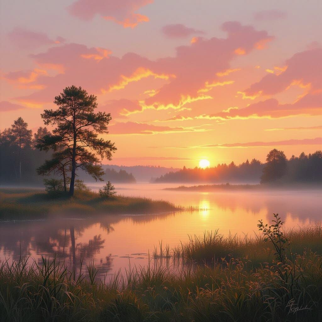 Golden Sunrise Landscape with Mist and Vibrant Hues
