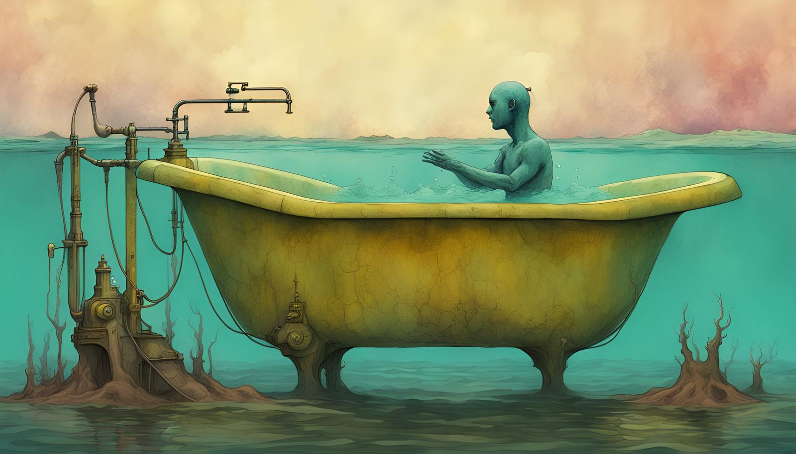 Surreal Submersible Bathtub Misadventures in Pastel Watercol...