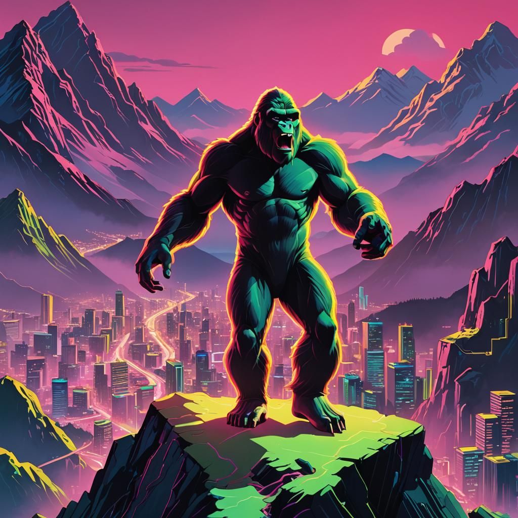 King Kong Leaps in Neon Art Style