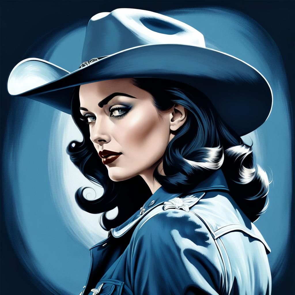 Monochromatic Cowgirl Portrait in Prussian Blue