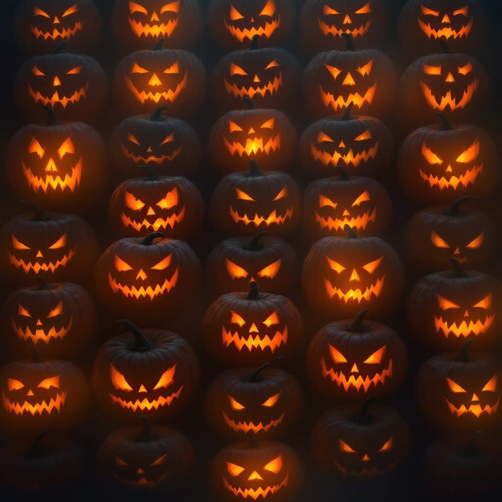 Grid of Sinister Jack-o'-Lanterns as Dark Digital Art
