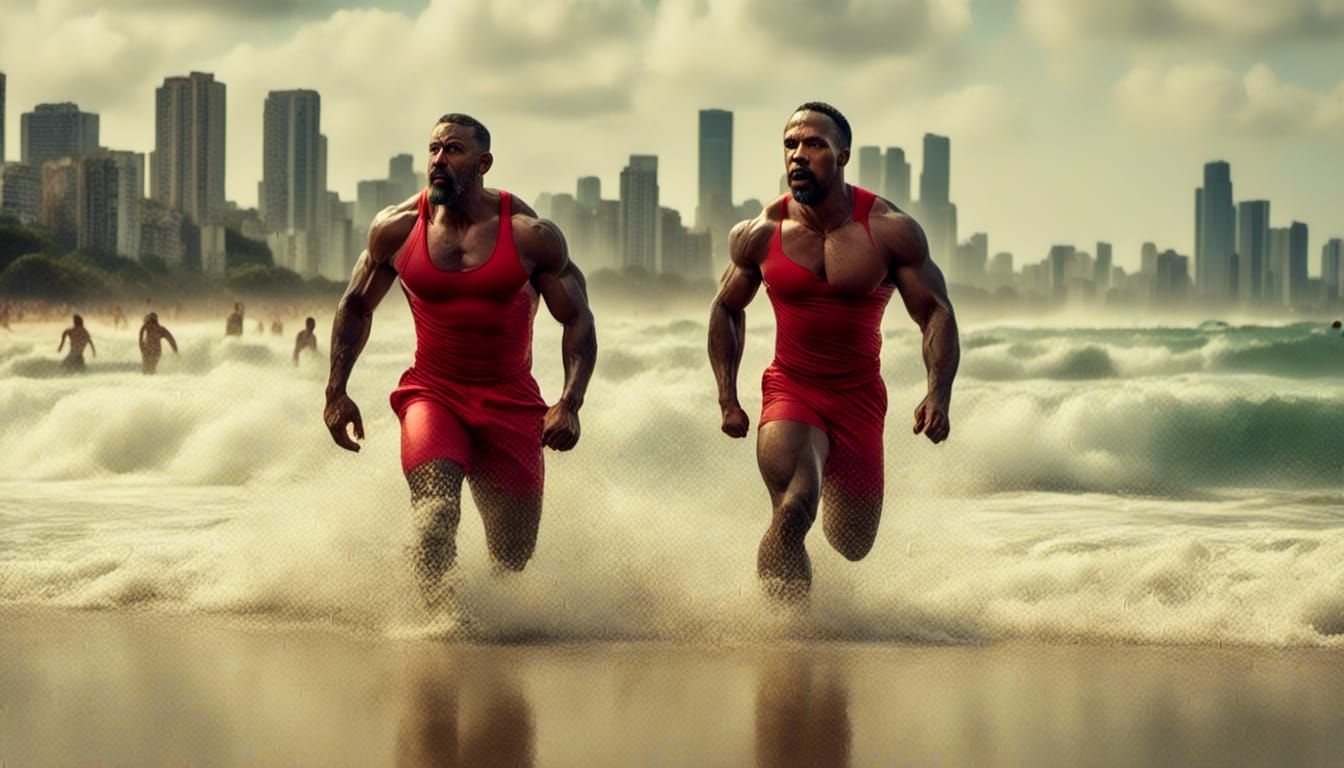 Lifeguard Running on Beach with Expression of Strength