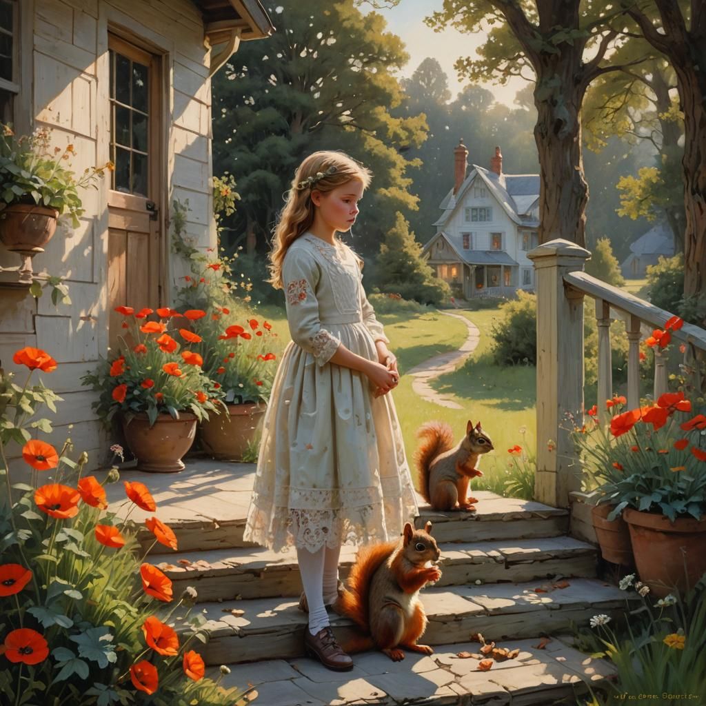 Girl and Squirrels: Cottagecore Scene in Oil Painting Style
