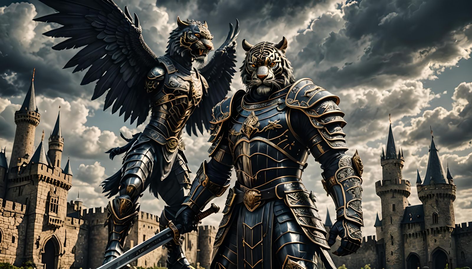 Armored Winged Tiger Warrior Guards Mighty Castle