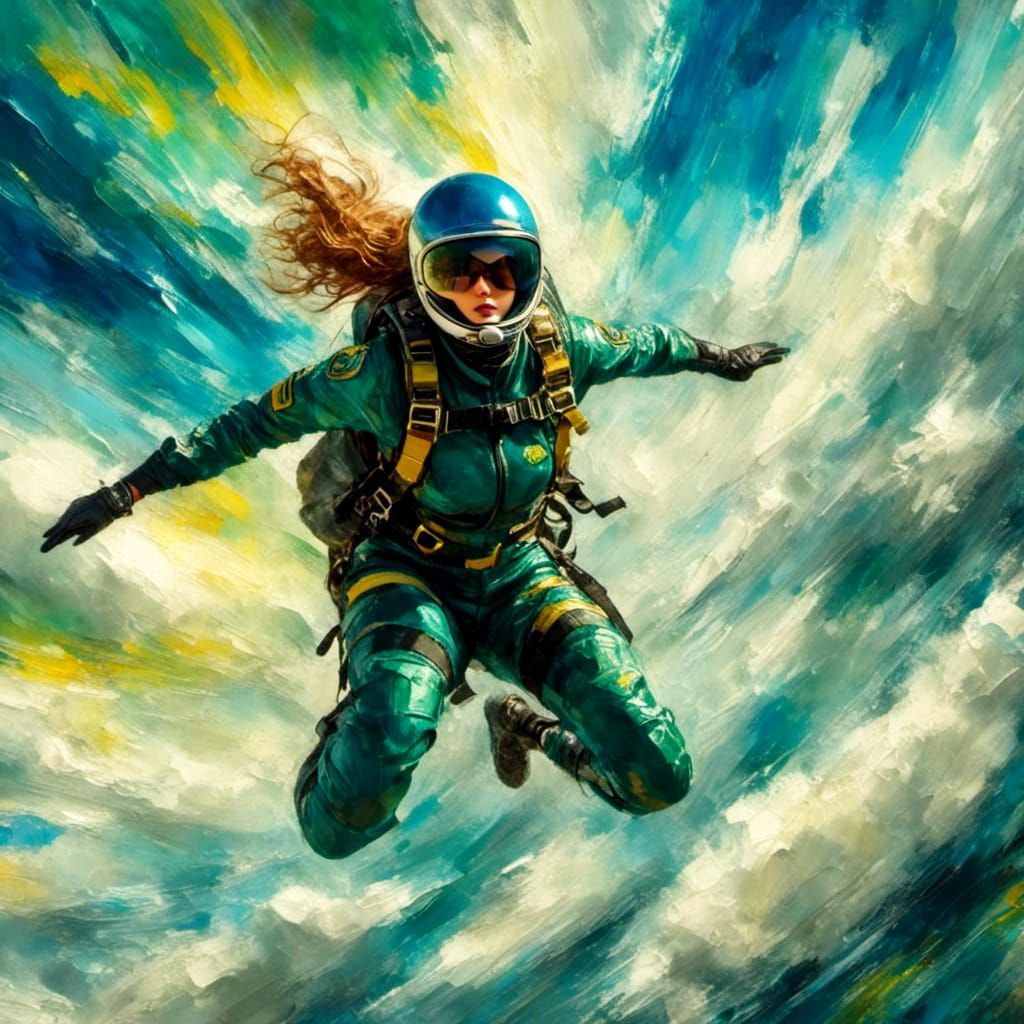 Woman Skydiving: Action Painting in Expressionist Style