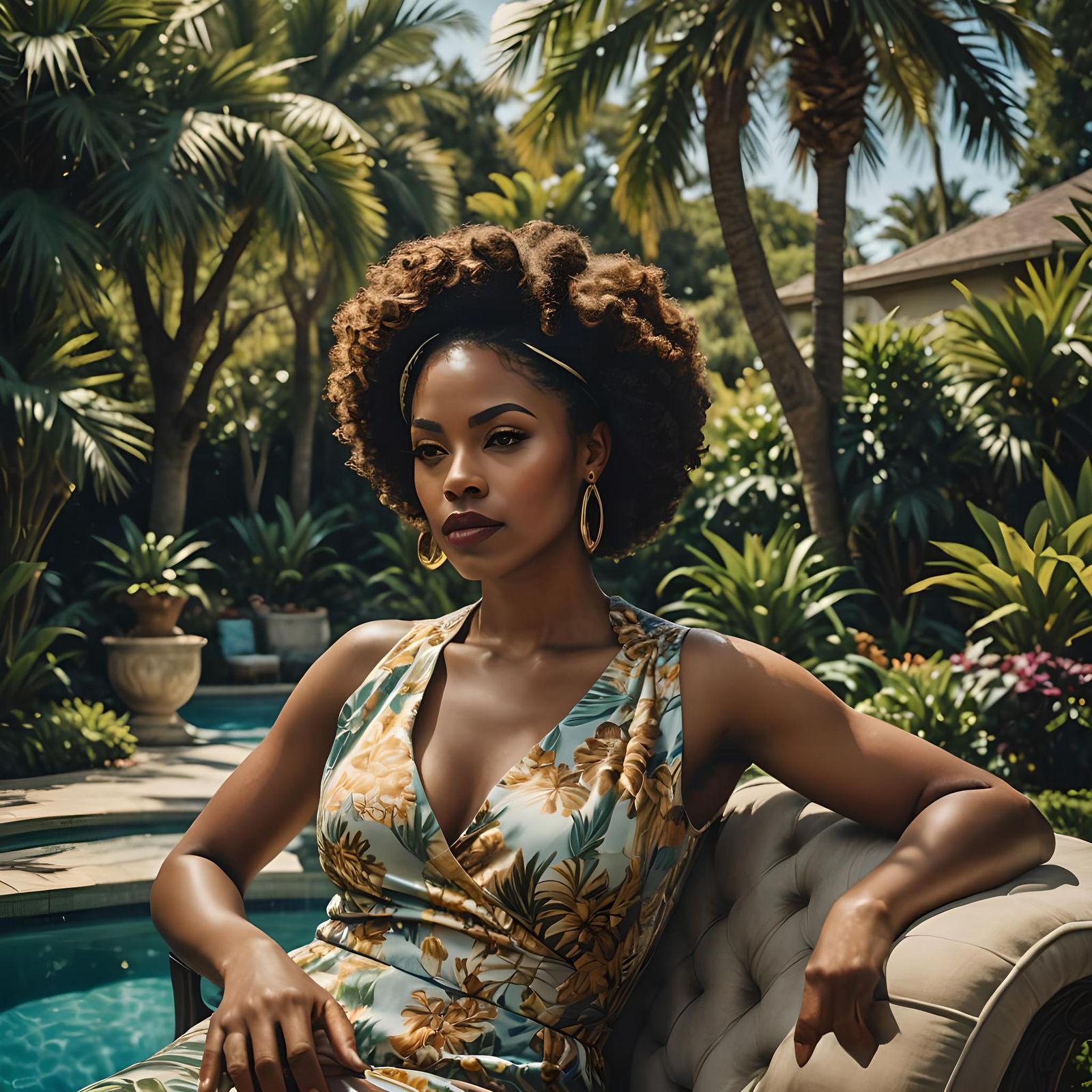 Stylish Woman Relaxing in Garden, Oil Painting