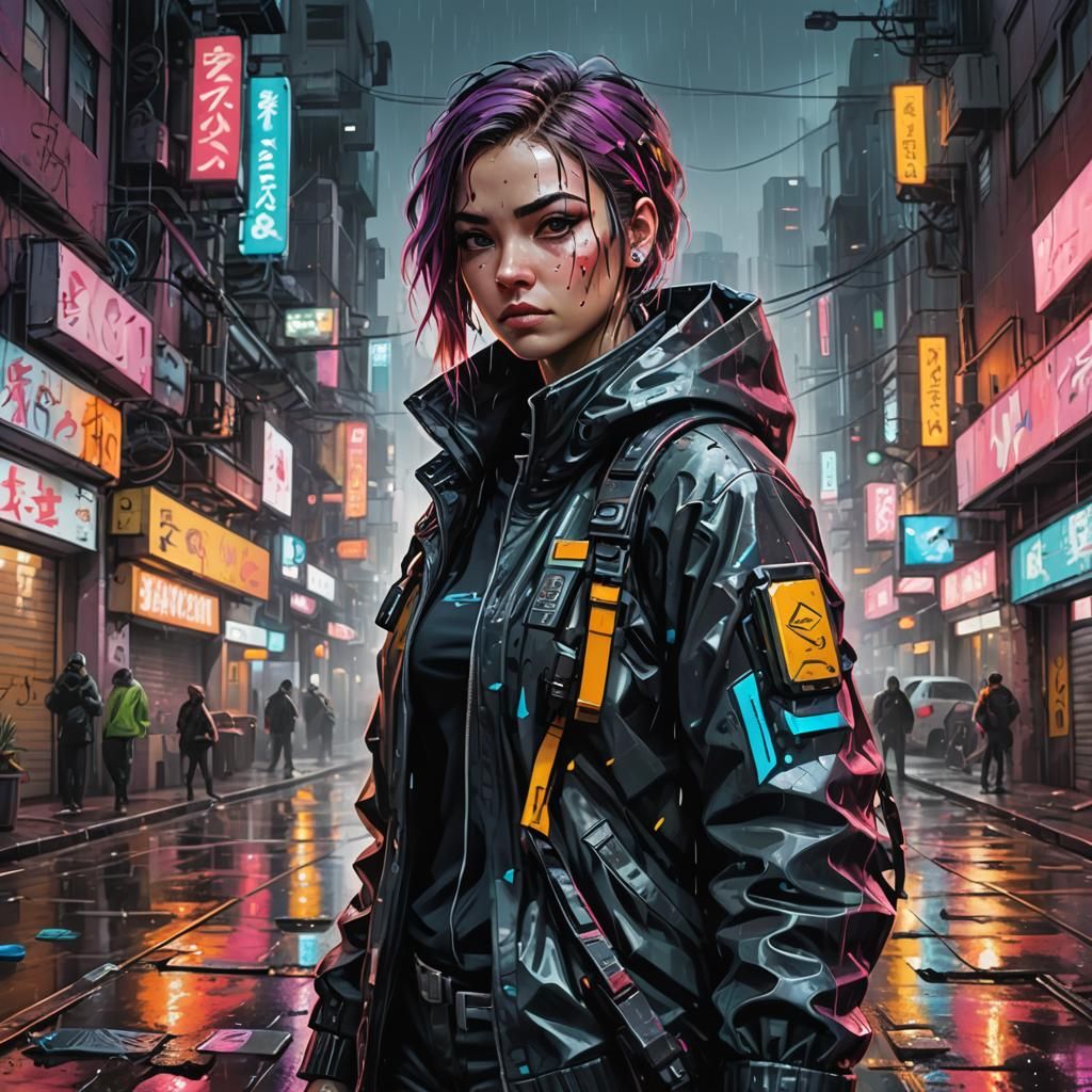 Cyberpunk Cityscape: Sci-Fi Protagonist in Rainy Neon Scene
