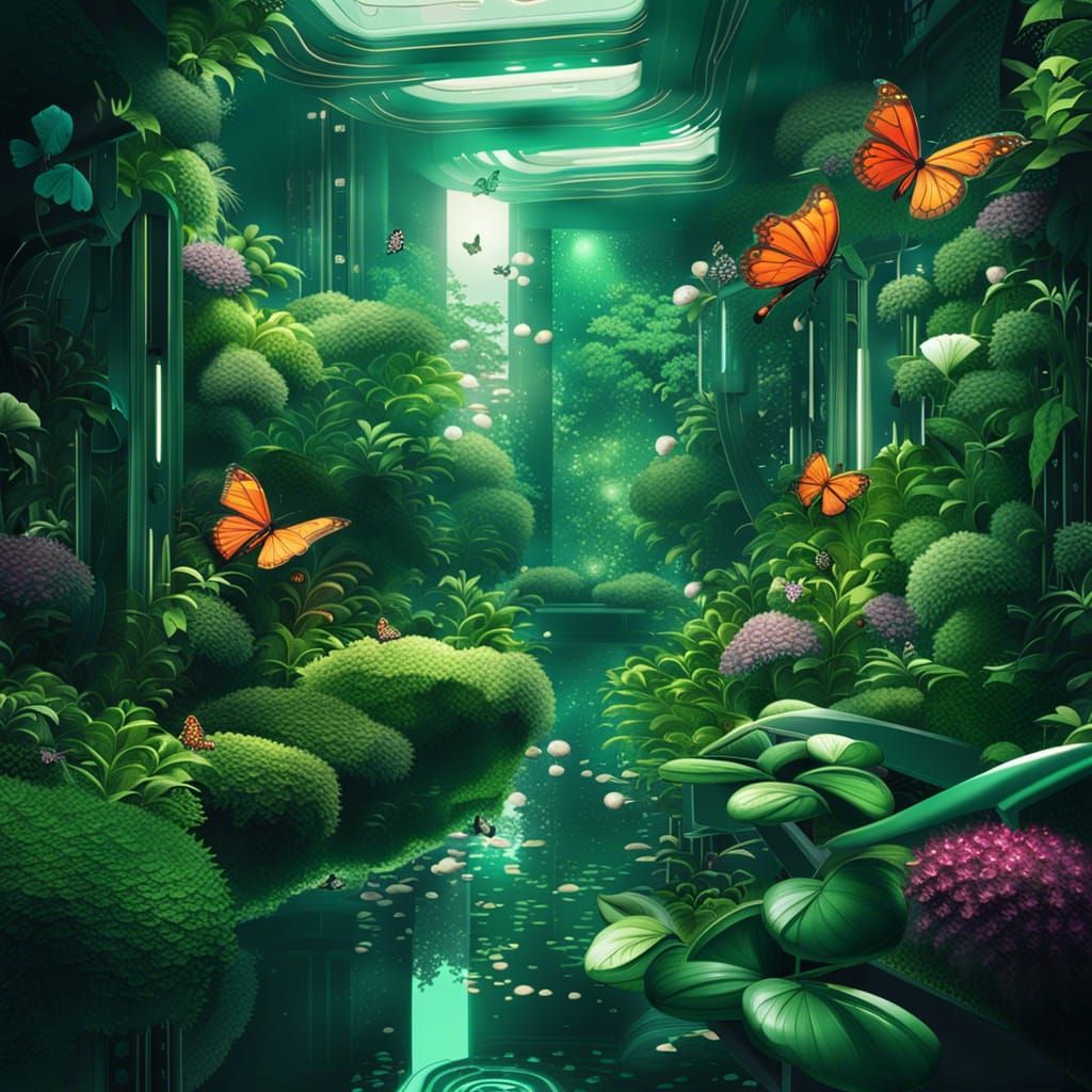 Futuristic Lush Greenery with Plants and Butterflies