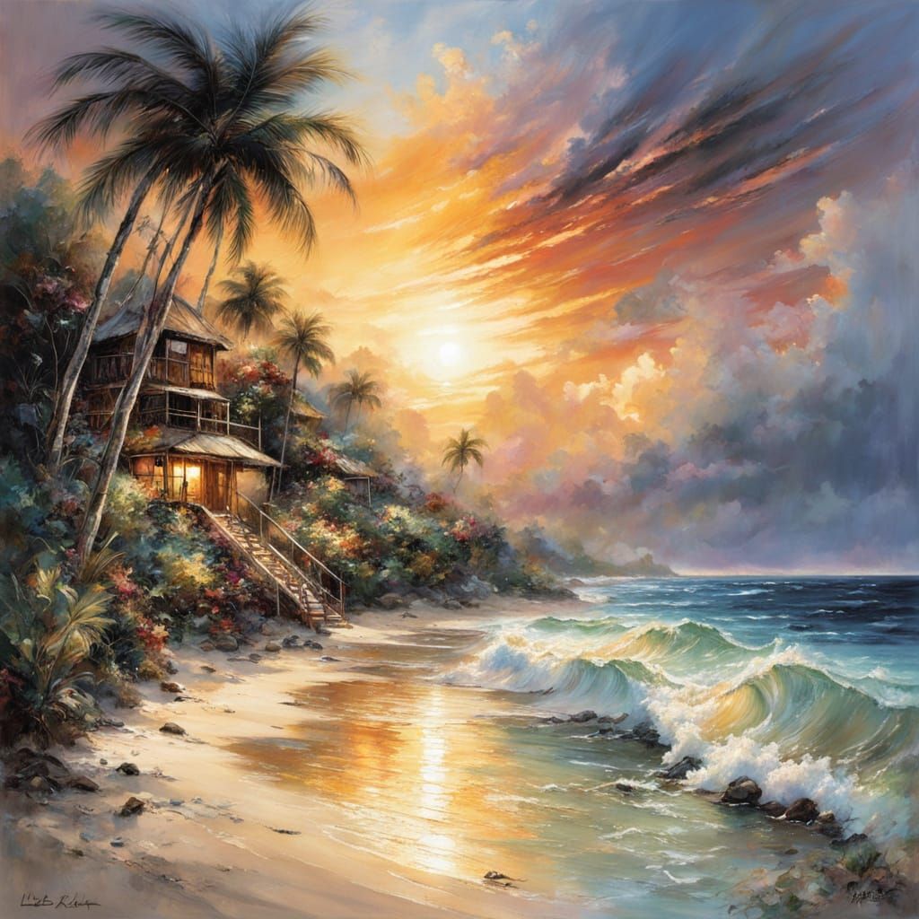 Tropical Sunset Beach Art with Golden Light