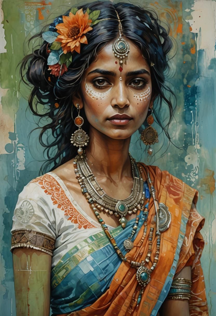 Surrealist Indian Woman in Oil and Watercolor