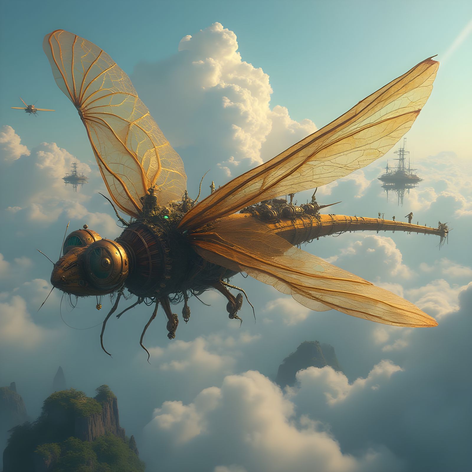 Steampunk Dragonfly Airship Soaring Through Fantasy Skies