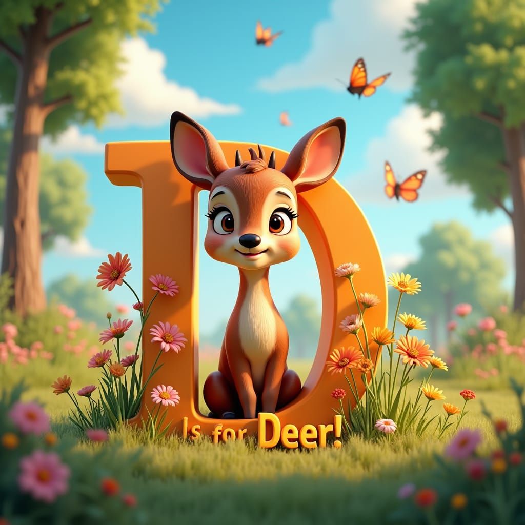 Cartoon Deer Inside Letter D in Pixar Style