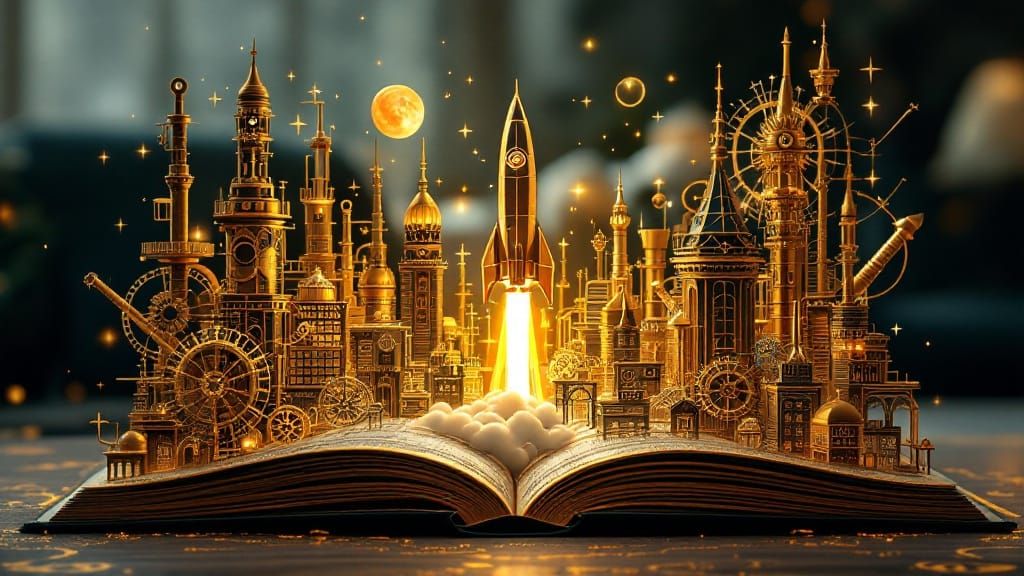 Golden Steampunk Cityscape at Blast Off