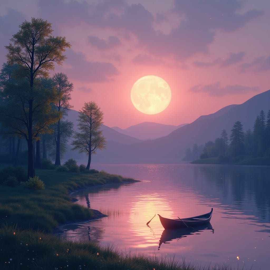 Enchanted Twilight Landscape with Golden Moon and Lake Refle...