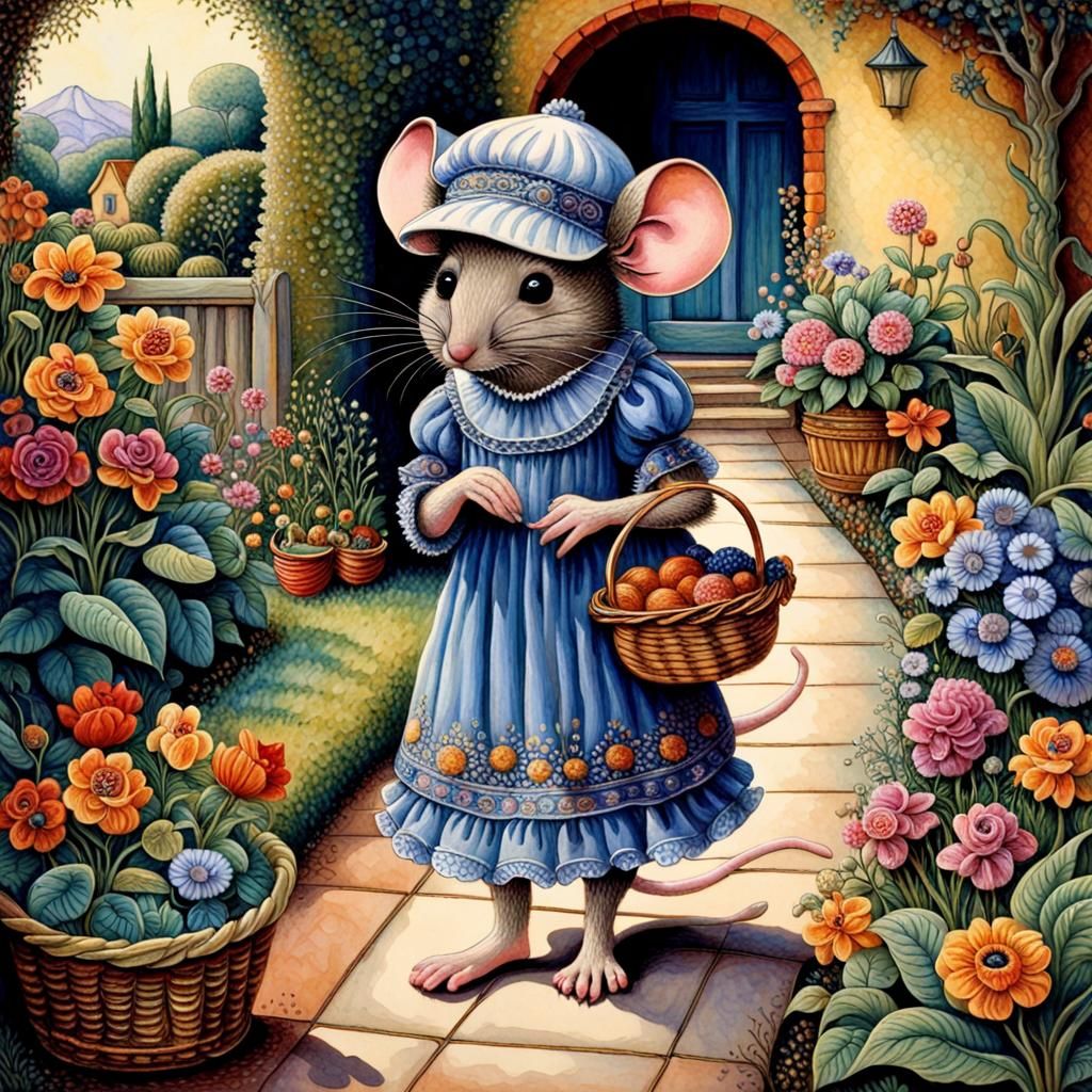 Mouse in Garden: Folk Art Storybook Illustration