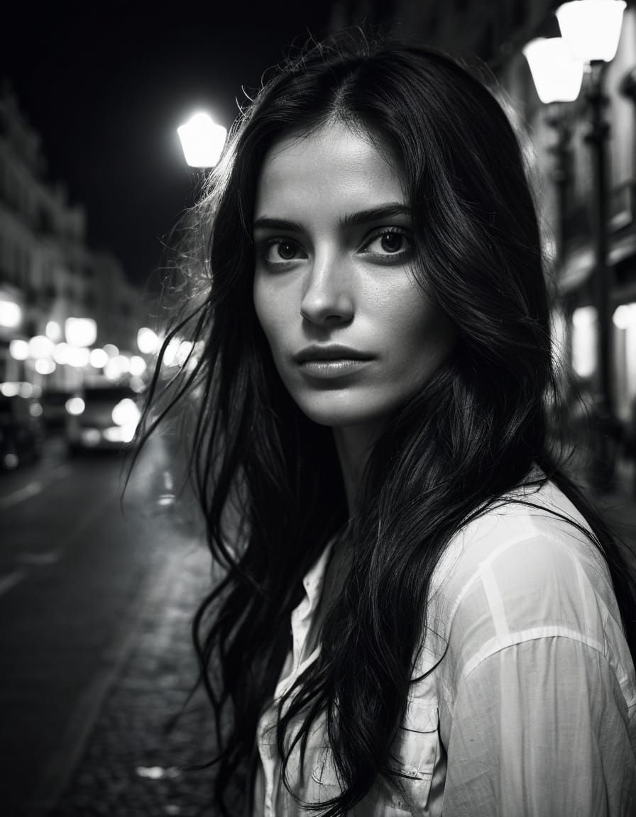 Elegant Spanish Woman in Black and White Madrid Streets