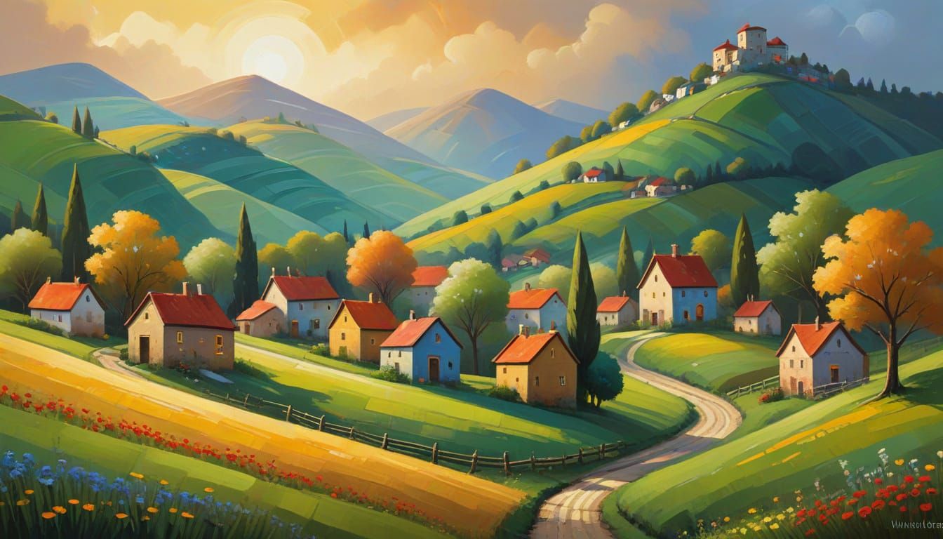 Whimsical Village Scene in Earthy Tones