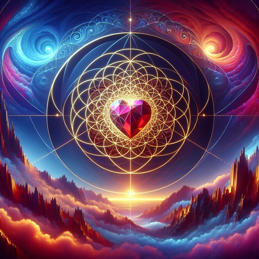 Jewel-Toned Heart Illuminated by Fibonacci Spiral
