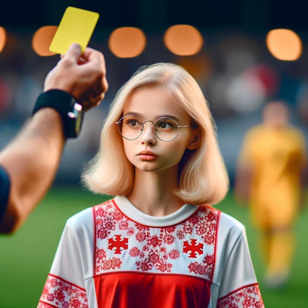 Blonde Woman Receives Yellow Card on Football Field