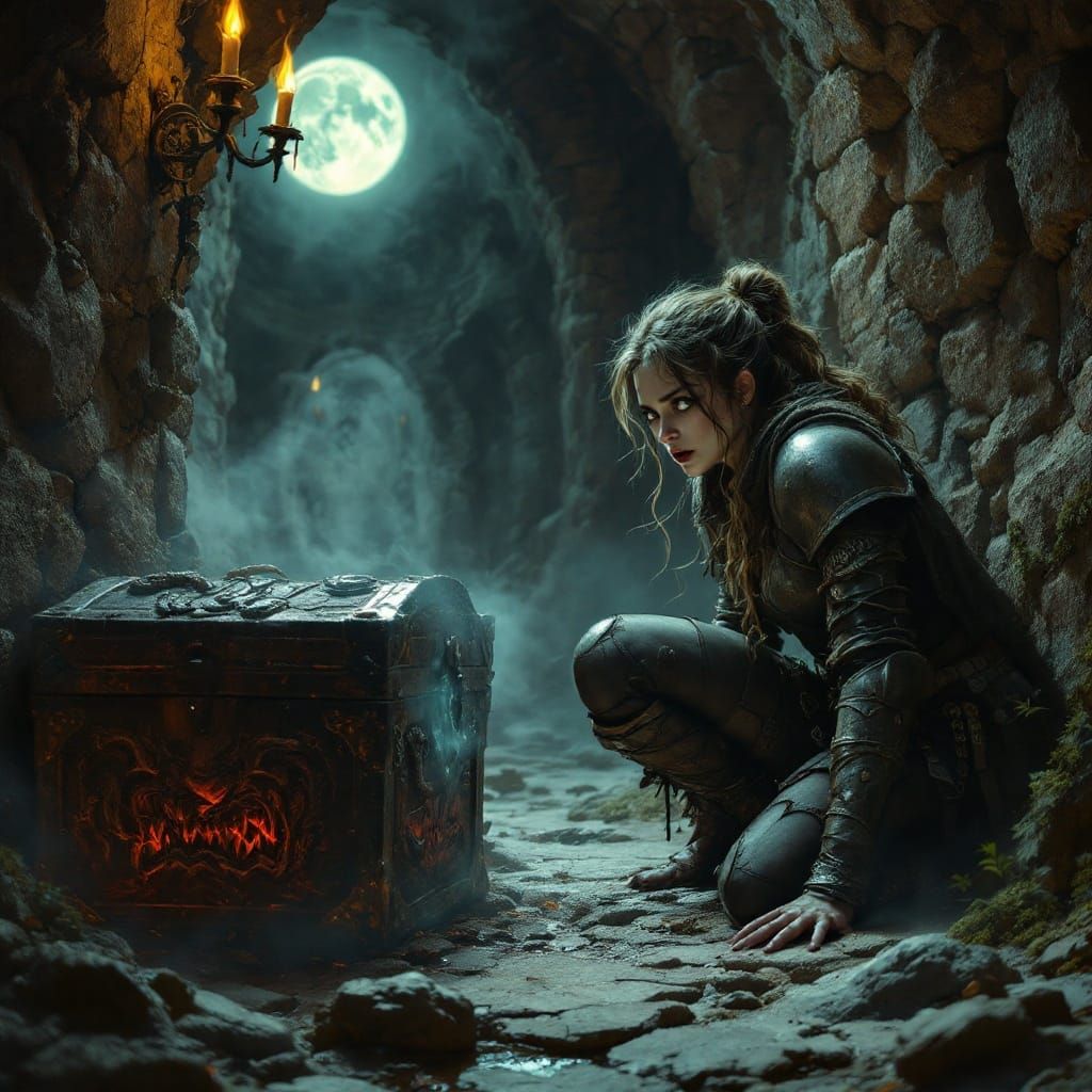 Dark Fantasy Warrior Cowers Before Haunting Treasure Chest
