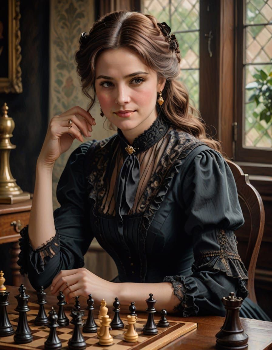 Victorian Lady Engages in Chess, Half Body Portrait in Elega...