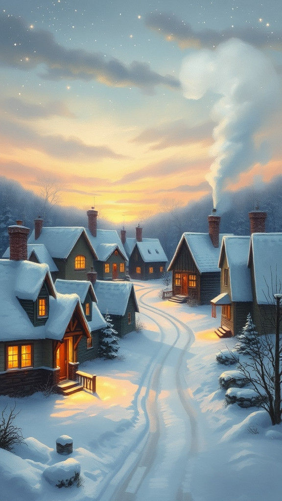 Snowy Village Scene at Night with Golden Lighting