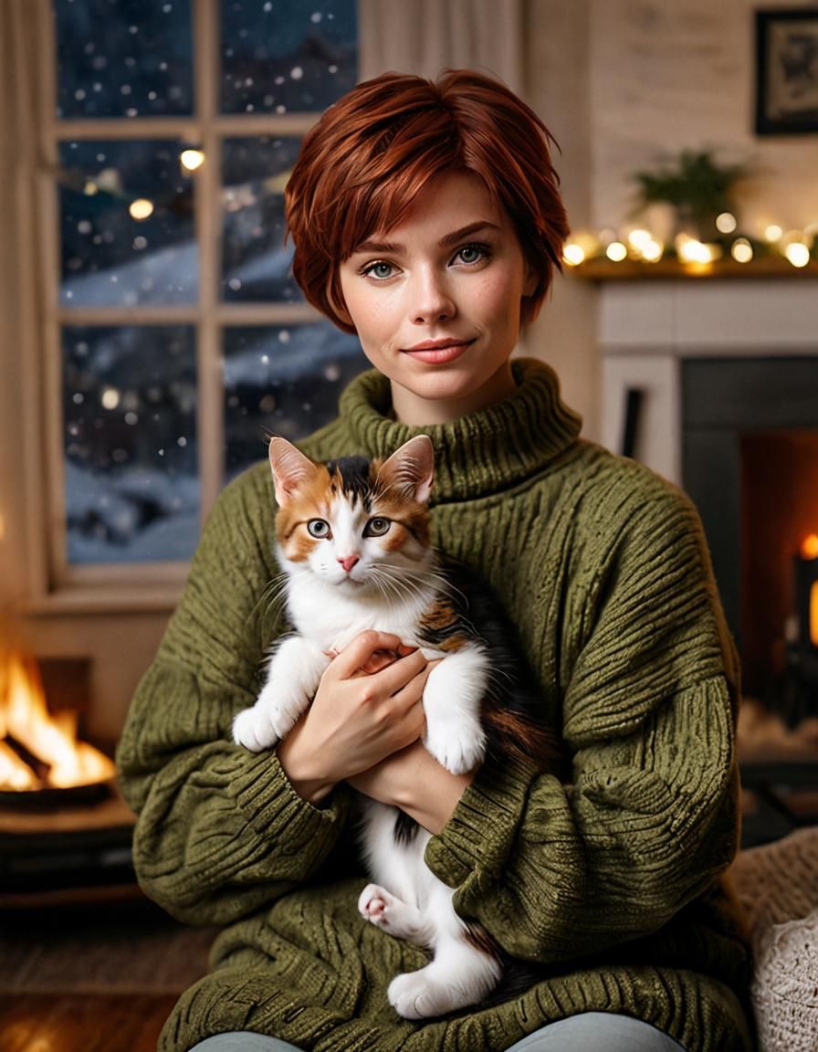 Woman Cuddling Kitten by Fire on Snowy Night