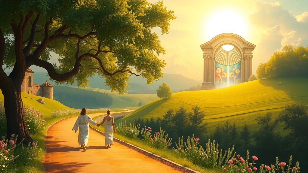 Golden Renaissance Landscape with Emerald Hills and Majestic...