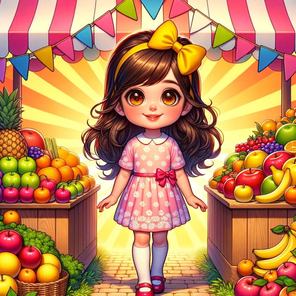 Girl Discovering a Vibrant Fruit Stand