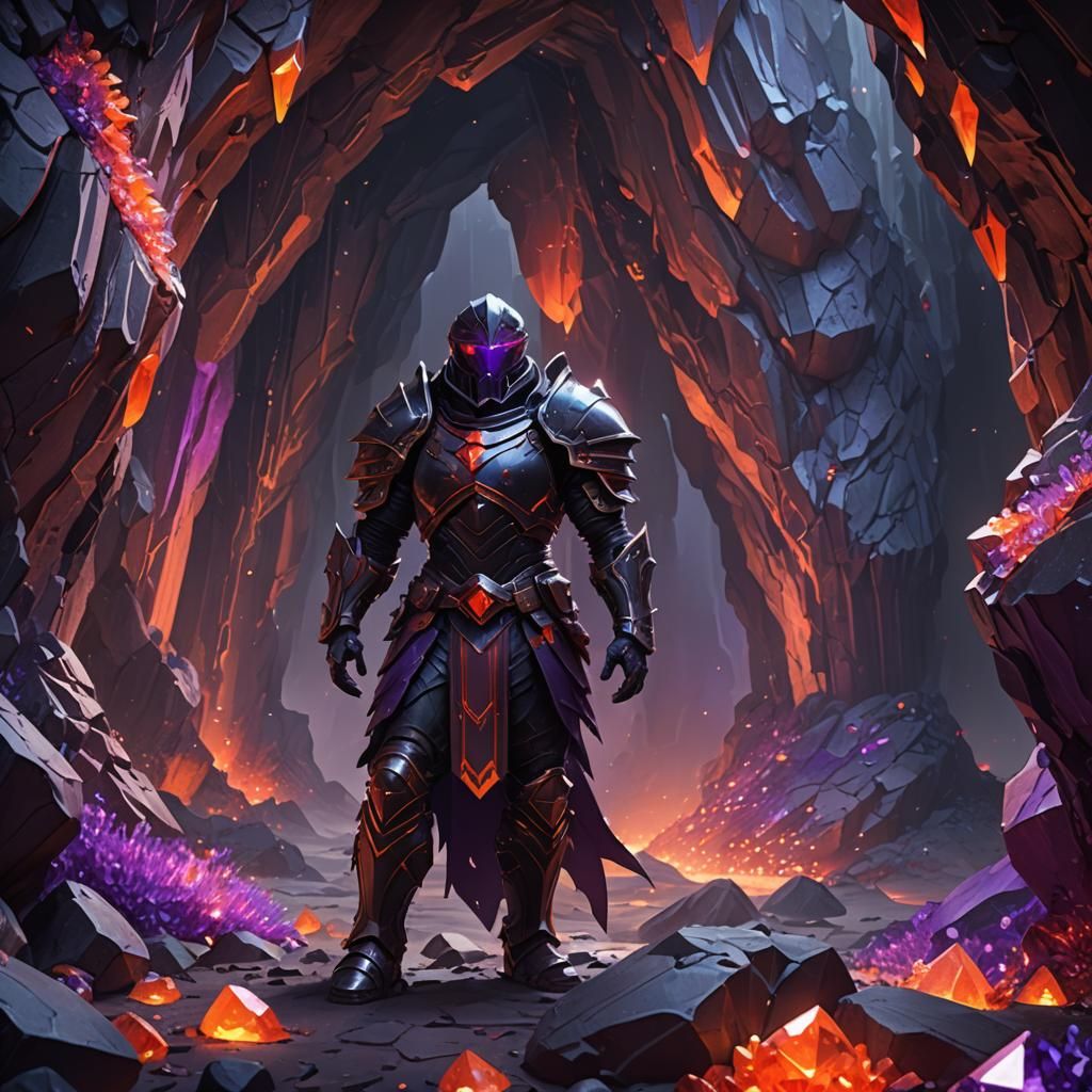 Obsidian Knight Amidst Crystalline Cave, Fantasy Art