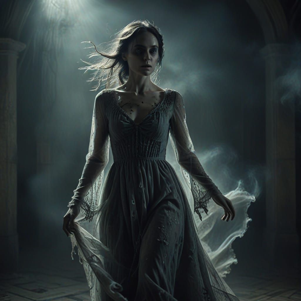 Woman Flees Spectral Entity in Surreal Gothic Horror