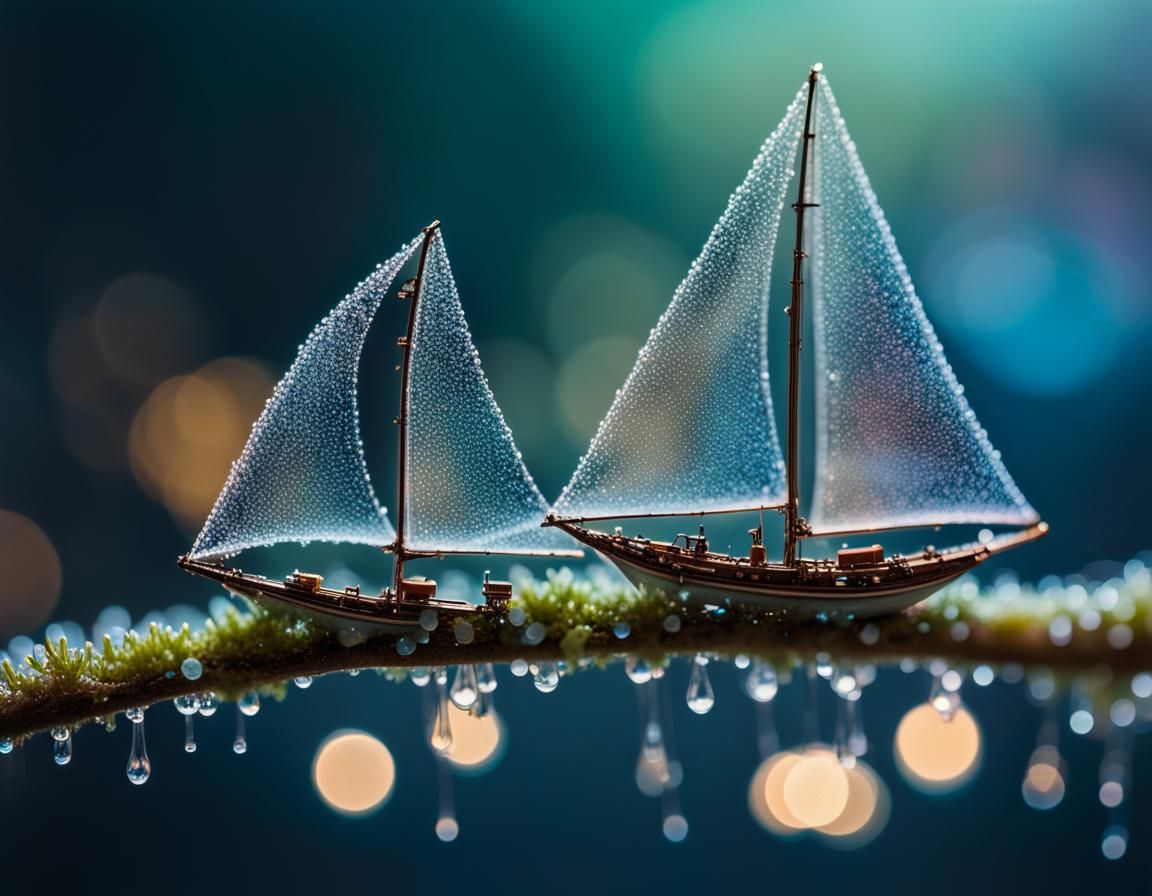 Miniature Ships Sailing Bioluminescent Flowers