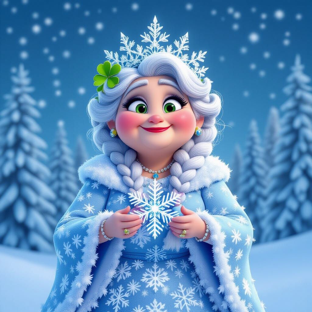 Enchanted Winter Grandma Holding Snowflake in Pixar Style