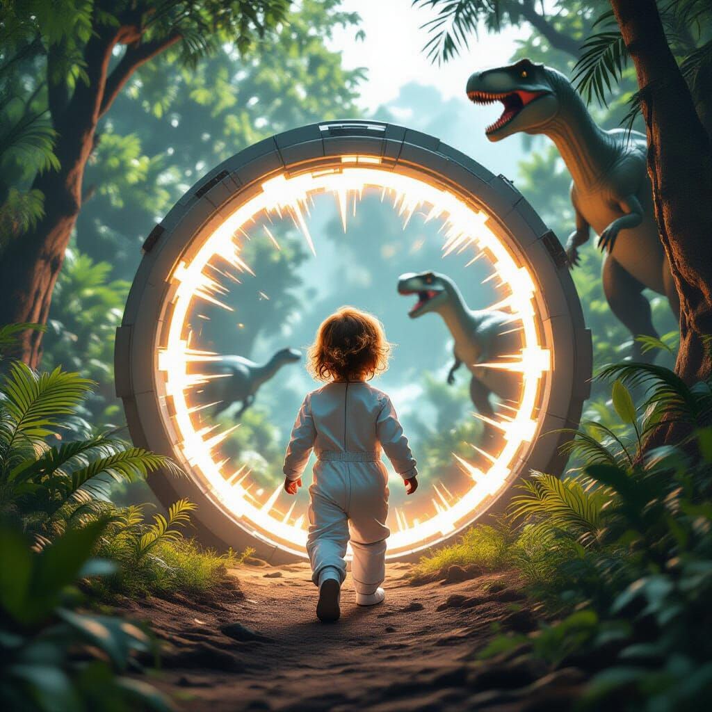 Futuristic Toddler's Portal to a Dinosaur World