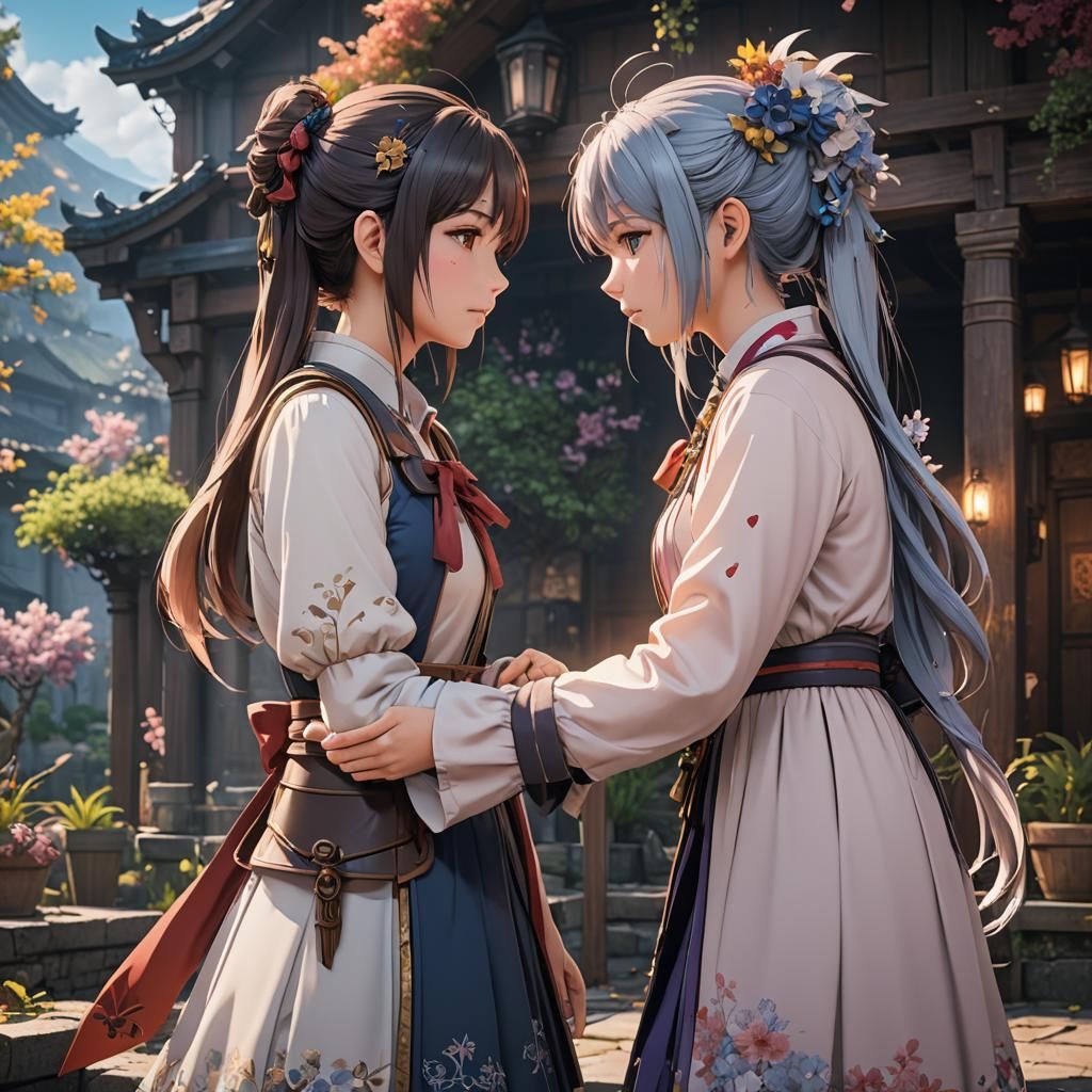 Anime Girls Comforting Each Other: Detailed Matte Painting