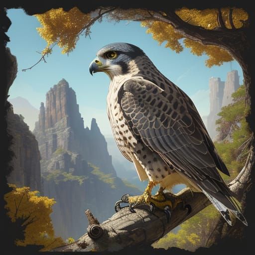 Regal Peregrine Falcons Perched atop a Gnarled Tree Branch