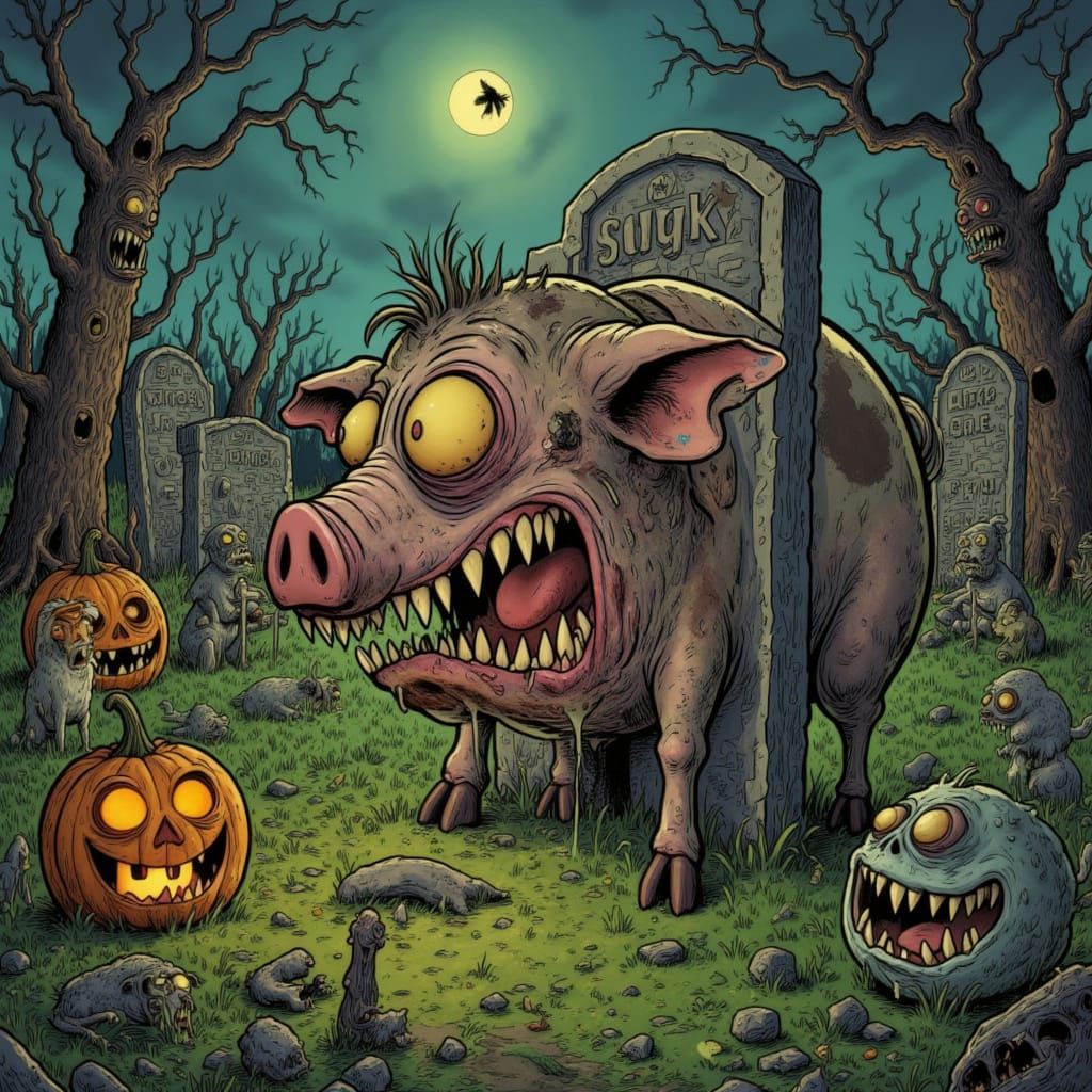 Grotesque Mutant Pig Lurking in Spooky Graveyard