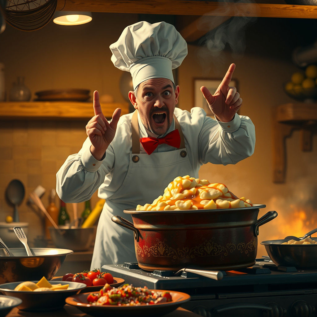 Whimsical Chef in a Fiery Kitchen, Boiling Potatoes and Swee...