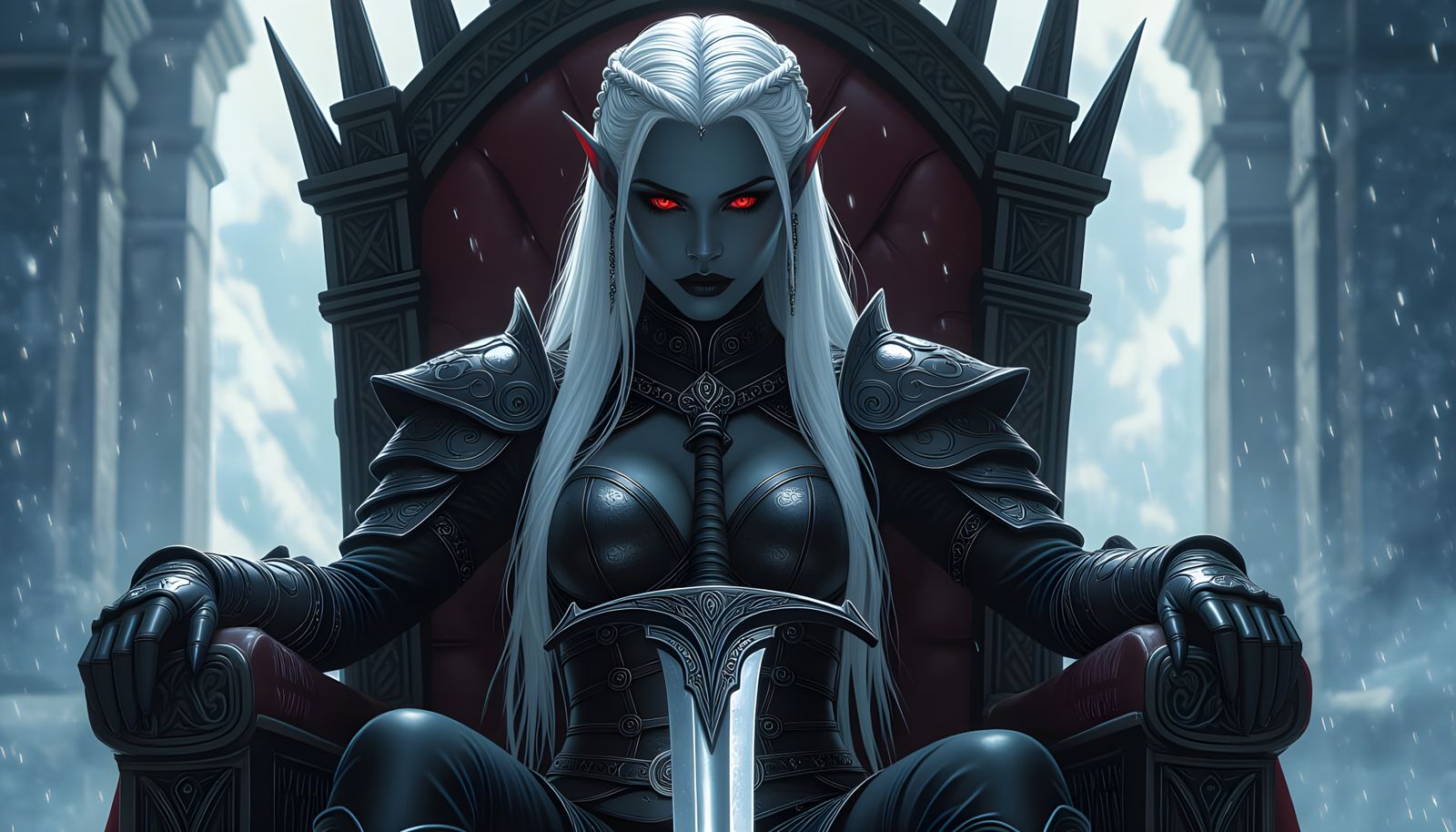Hyperrealistic Drow Female on Throne with Snake Sword